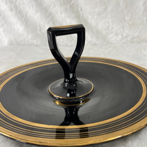 Antique Art Deco Center Handle Server Plate Black Depression Glass TidBit Platte - Picture 3 of 10